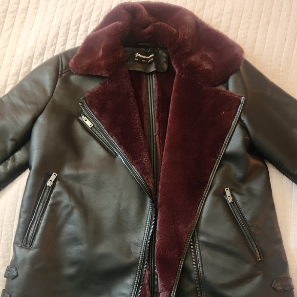 Zara Black Leather Jacket with Rich Burgundy Lining - Picture 1 of 9